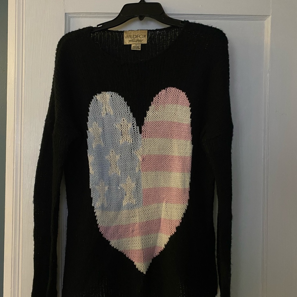 Wildfox Black Sweater with Heart Flag Design